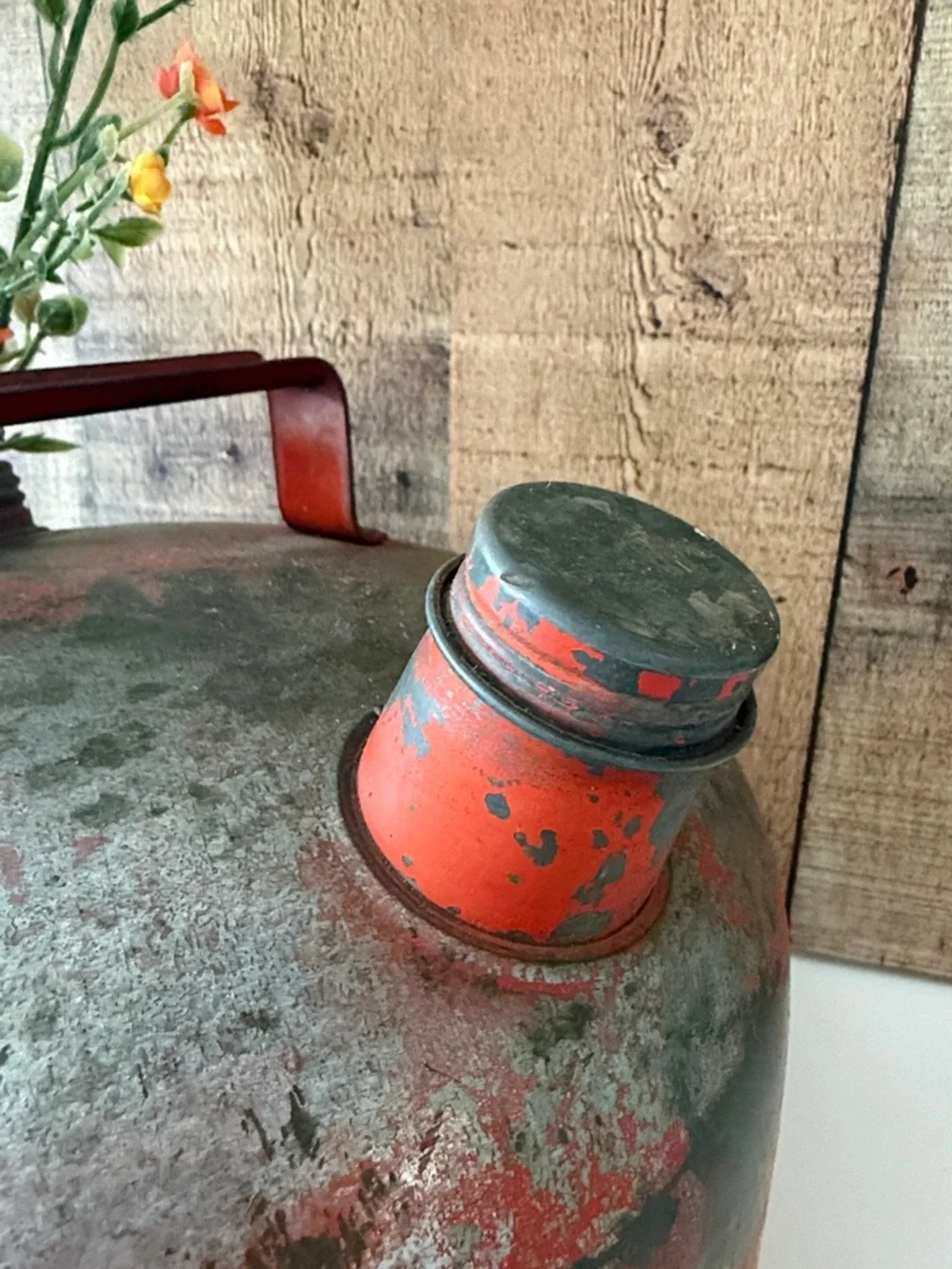 Vintage Rustic Distressed Orange Metal Gas Can with Faux Floral
